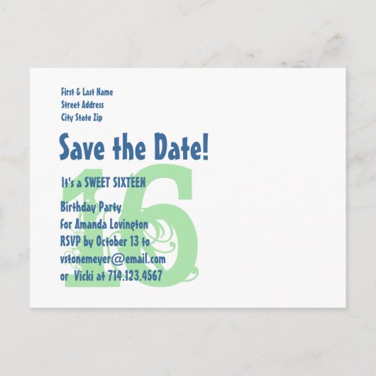 Save the Date Sweet 16 Verjaardagsfeestje V005 BLA Aankondigingskaart (Achterkant)