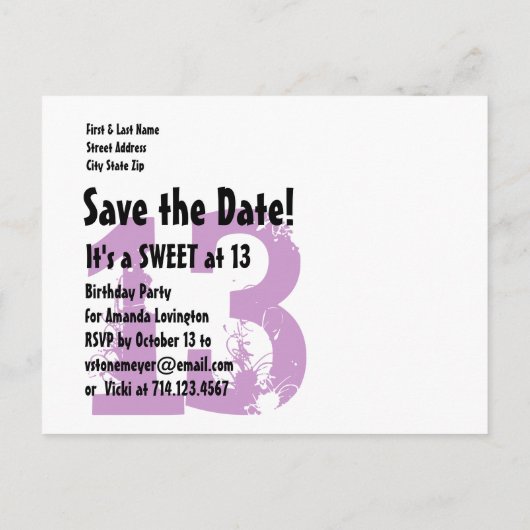 Save the Date Sweet op 13 Verjaardagsfeest V03B1 Aankondigingskaart (Achterkant)