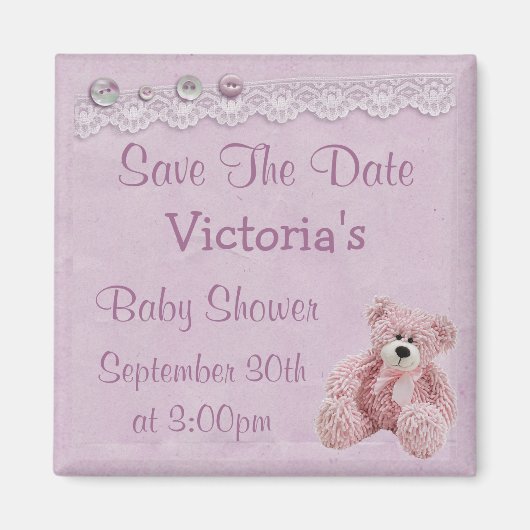 Save the Date Teddy Bear Baby Girl Shower Magneet (Voorkant)