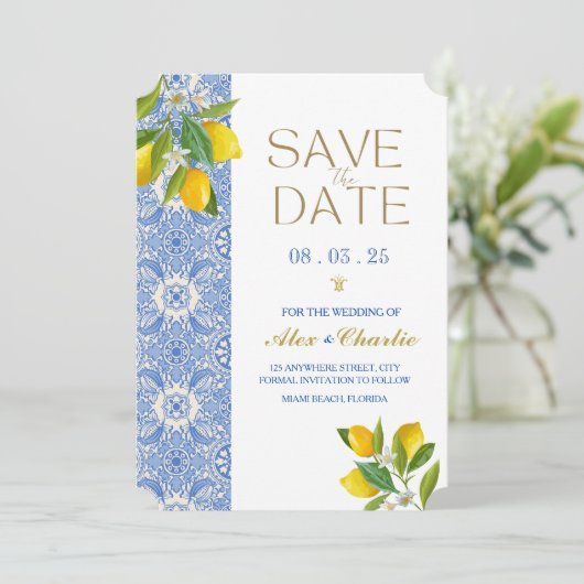Save the Date Tegels en citroenen Mediterraans (Staand voorkant)