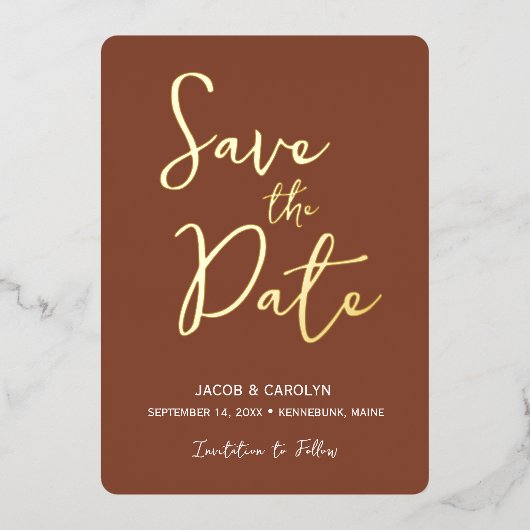 Save the Date Terracotta Gouden Bruiloft Folie Uitnodiging (Voorkant)