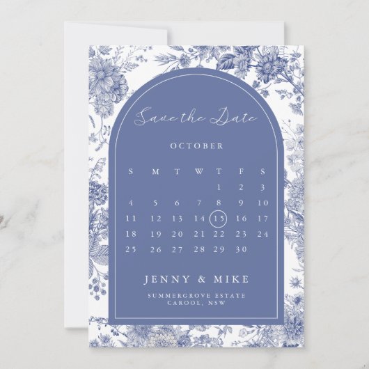 Save the Date Toile Franse Blauwe Tuin Bloemen Kaart (Voorkant)