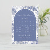 Save the Date Toile Franse Blauwe Tuin Bloemen Kaart (Staand voorkant)