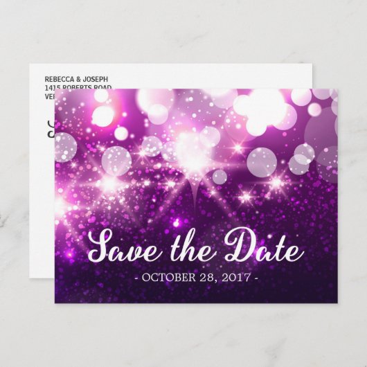 Save the Date - Trendy Paarse Glitter Sparkles Aankondigingskaart (Voorkant / Achterkant)