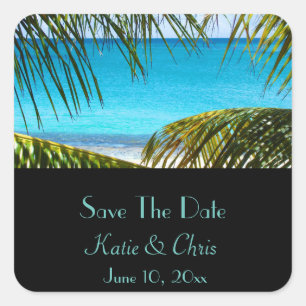 Save The Date Tropical Beach en Palm Fronds Vierkante Sticker
