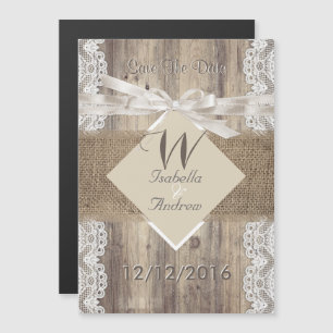 Save The Date Trouw Beige Witte Kant Hout Jute Magnetische Uitnodiging