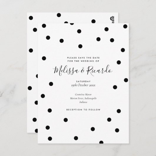 Save the Date Trouwdag Zwart en Witte Stippen Briefkaart (Voorkant / Achterkant)