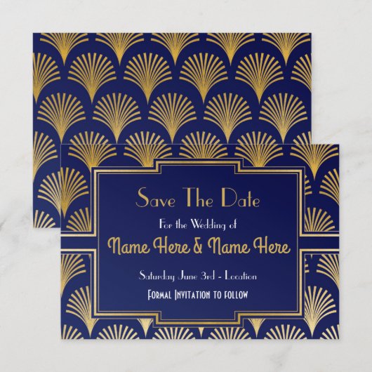 Save The Date Trouwfeest Twenties Goud Fan Deco (Voorkant / Achterkant)