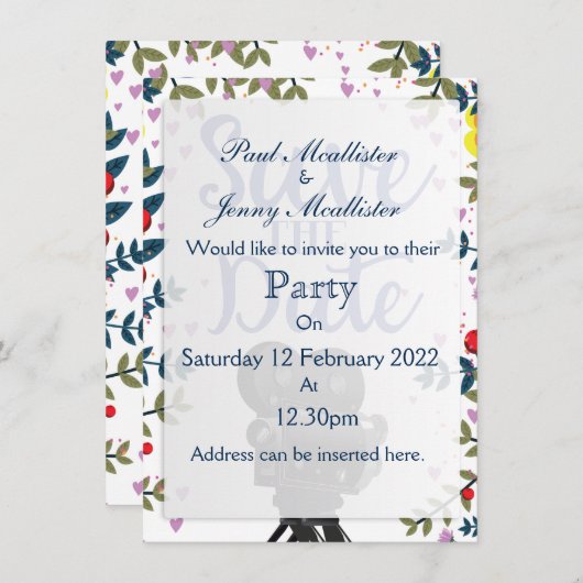 Save The Date Trouwfilm Camerastand Kaart (Voorkant / Achterkant)