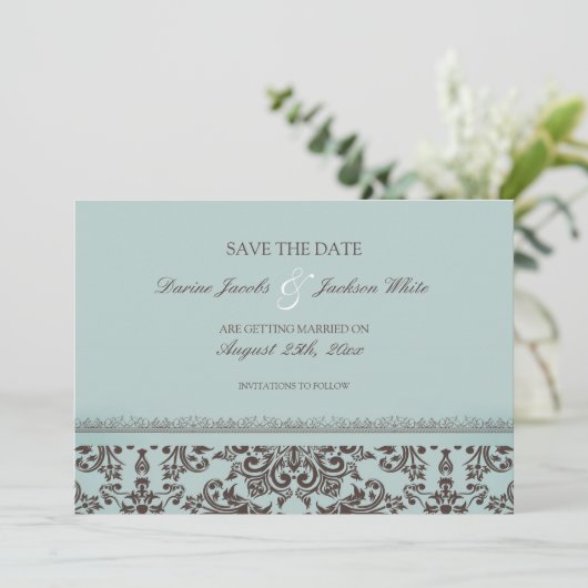 Save The Date Trouwkaart Damask Plat Kaartje Kaart (Staand voorkant)
