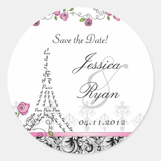 Save the Date Trouwstickers Paris Zwart Wit Ronde Sticker (Voorkant)