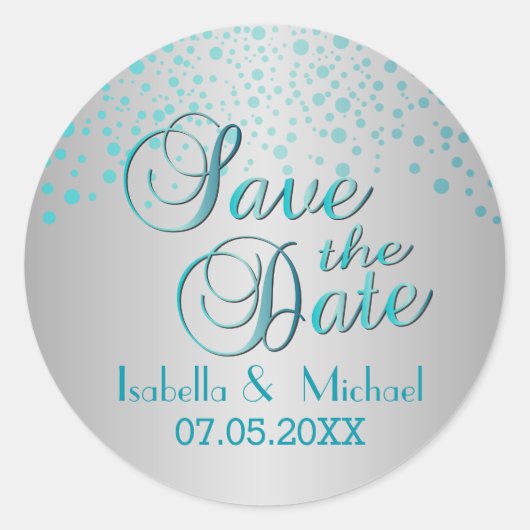 Save the date | Turquoise Blue Stippen | Personali Ronde Sticker (Voorkant)