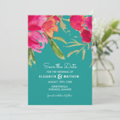 Save the date. Turquoise fuchsia bloemenbruiloft Kaart (Staand voorkant)