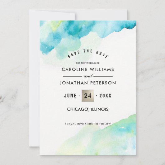 Save the date. Turquoise Waterverf bruiloft Kaart (Voorkant)