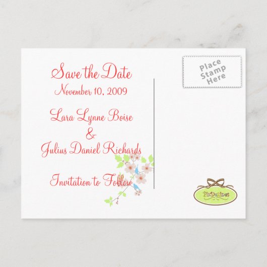 Save the Date twee blauwe vogels hondenbossen Aankondigingskaart (Achterkant)