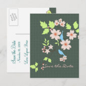 Save the Date: twee blauwe vogels op een tak van e Aankondigingskaart (Voorkant / Achterkant)