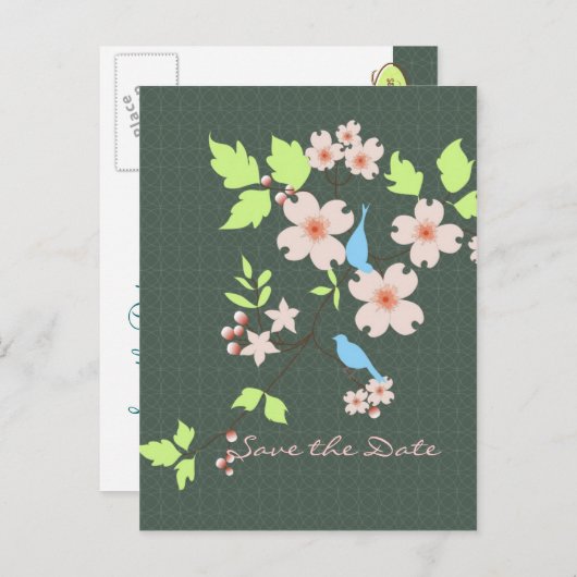 Save the Date: twee blauwe vogels op een tak van e Aankondigingskaart (Voorkant / Achterkant)