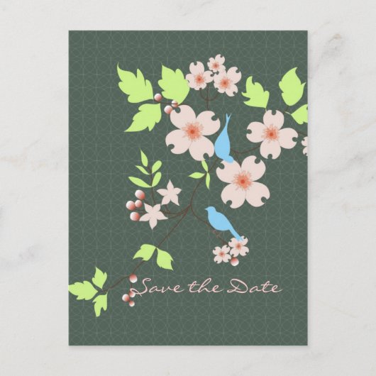 Save the Date: twee blauwe vogels op een tak van e Aankondigingskaart (Voorkant)
