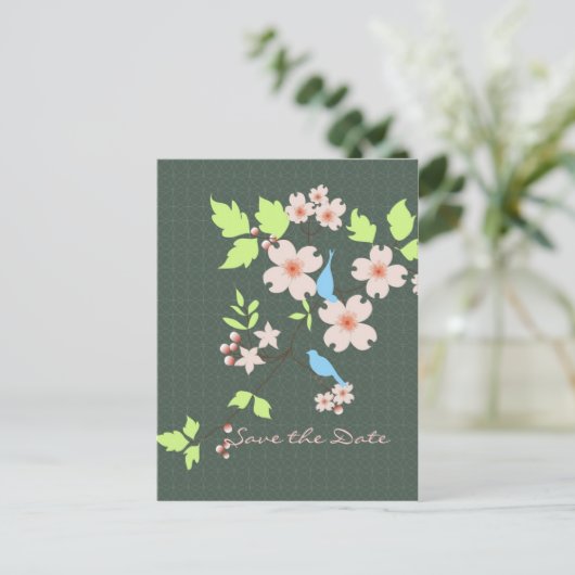 Save the Date: twee blauwe vogels op een tak van e Aankondigingskaart (Staand voorkant)