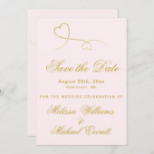 Save the date | Twee gouden harten Blush roze brui (Voorkant / Achterkant)