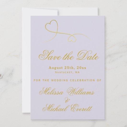 Save the date | Twee gouden harten lavender Wedden (Voorkant)