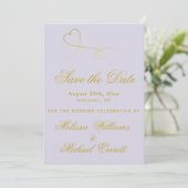 Save the date | Twee gouden harten lavender Wedden (Staand voorkant)
