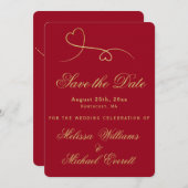 Save the date | Twee gouden harten-rode bruiloft (Voorkant / Achterkant)