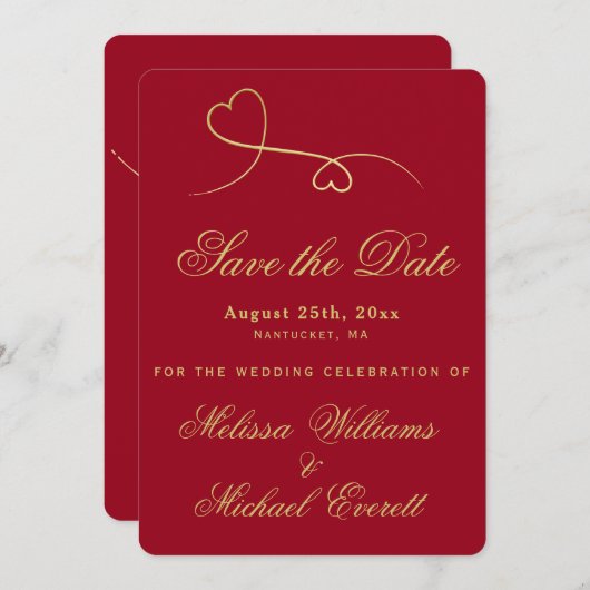 Save the date | Twee gouden harten-rode bruiloft (Voorkant / Achterkant)