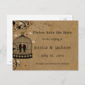 Save the Date Twee Liefdesvogels Vogelkooi Harten  Aankondigingskaart (Voorkant / Achterkant)