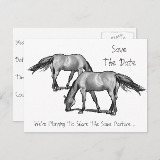 Save the Date: Two Horses: Getting Hitched beroemd Aankondigingskaart (Voorkant / Achterkant)