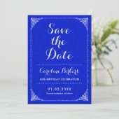 Save the Date Verjaardag - Silver Royal Blue Damas Kaart (Staand voorkant)