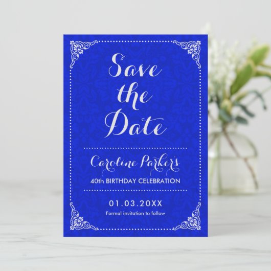 Save the Date Verjaardag - Silver Royal Blue Damas Kaart (Staand voorkant)
