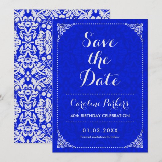 Save the Date Verjaardag - Silver Royal Blue Damas Kaart (Voorkant / Achterkant)