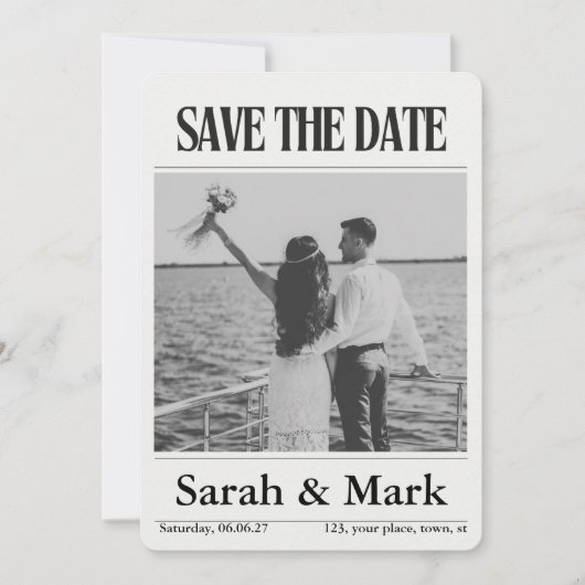 Save the Date vintage krant trending rond (Voorkant)