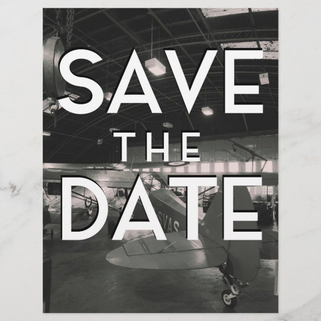 Save the Date Vintage Vliegtuighangar Briefhoofd (Voorkant)