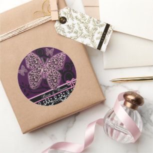 Save the Date Vlinders Swirls Roze Zwart & Wit Ronde Sticker