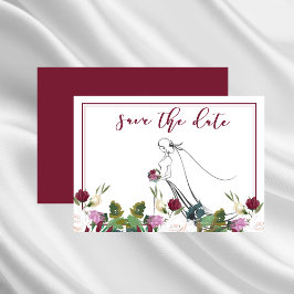 Save The Date Watercolor White Roses Cranberry Kaart