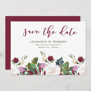 Save The Date Watercolor White Roses Cranberry Kaart