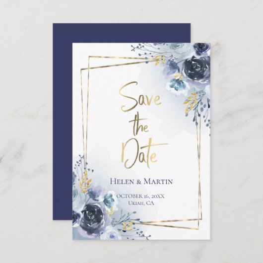 Save the Date waterverf blauwe rozen Kaart (Voorkant / Achterkant)