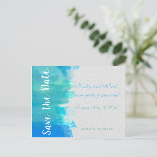 SAVE THE DATE Waterverf Blue Beach Briefkaart (Staand voorkant)