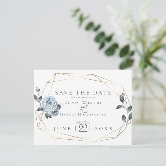 Save the date | Waterverf Dusty Blue Floral (Staand voorkant)