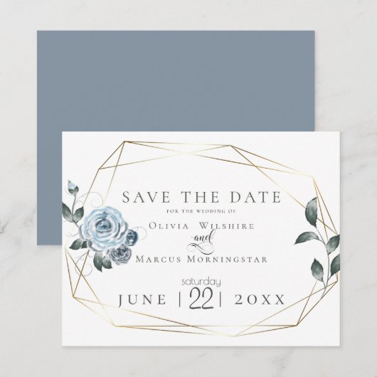 Save the date | Waterverf Dusty Blue Floral (Voorkant / Achterkant)