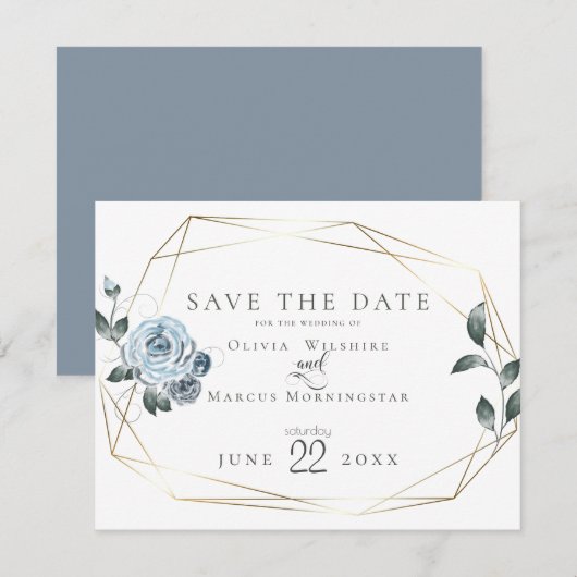 Save the date | Waterverf Dusty Blue Floral (Voorkant / Achterkant)