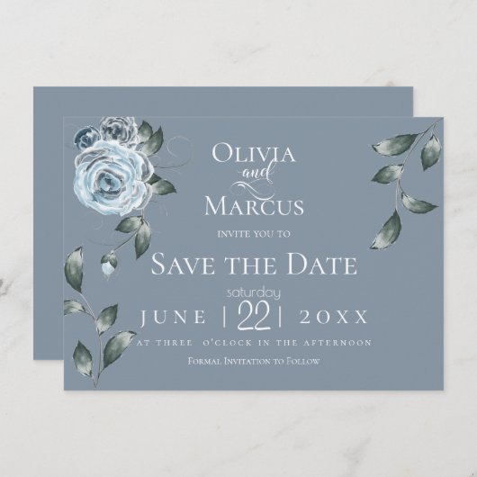 Save the date | Waterverf Dusty Blue Floral Kaart (Voorkant / Achterkant)