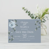 Save the date | Waterverf Dusty Blue Floral Kaart (Staand voorkant)