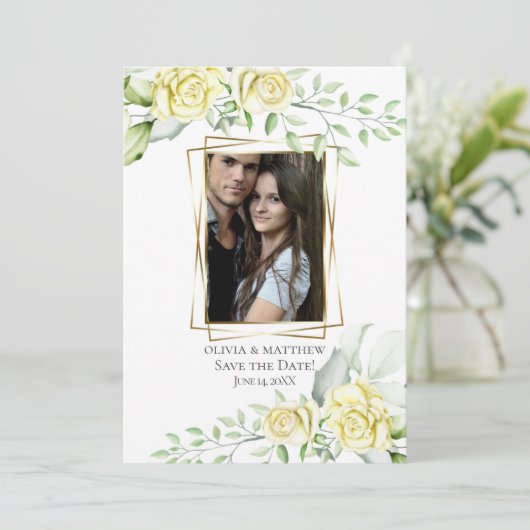 Save the date | Waterverf Ivory Yellow Blush Roos Kaart (Staand voorkant)