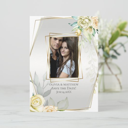 Save the date | Waterverf Ivory Yellow Blush Roos Kaart (Staand voorkant)