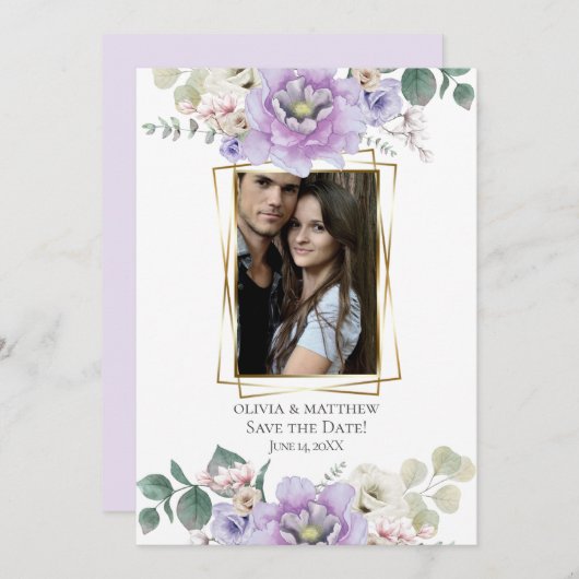 Save the date | Waterverf Lavender Peony Floral Kaart (Voorkant / Achterkant)