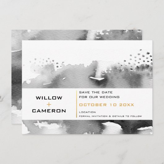 SAVE THE DATE waterverf minimal zwart goud (Voorkant / Achterkant)