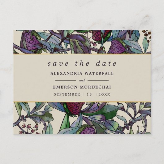 Save The Date waterverf pruim paarse bloemen Briefkaart (Voorkant)